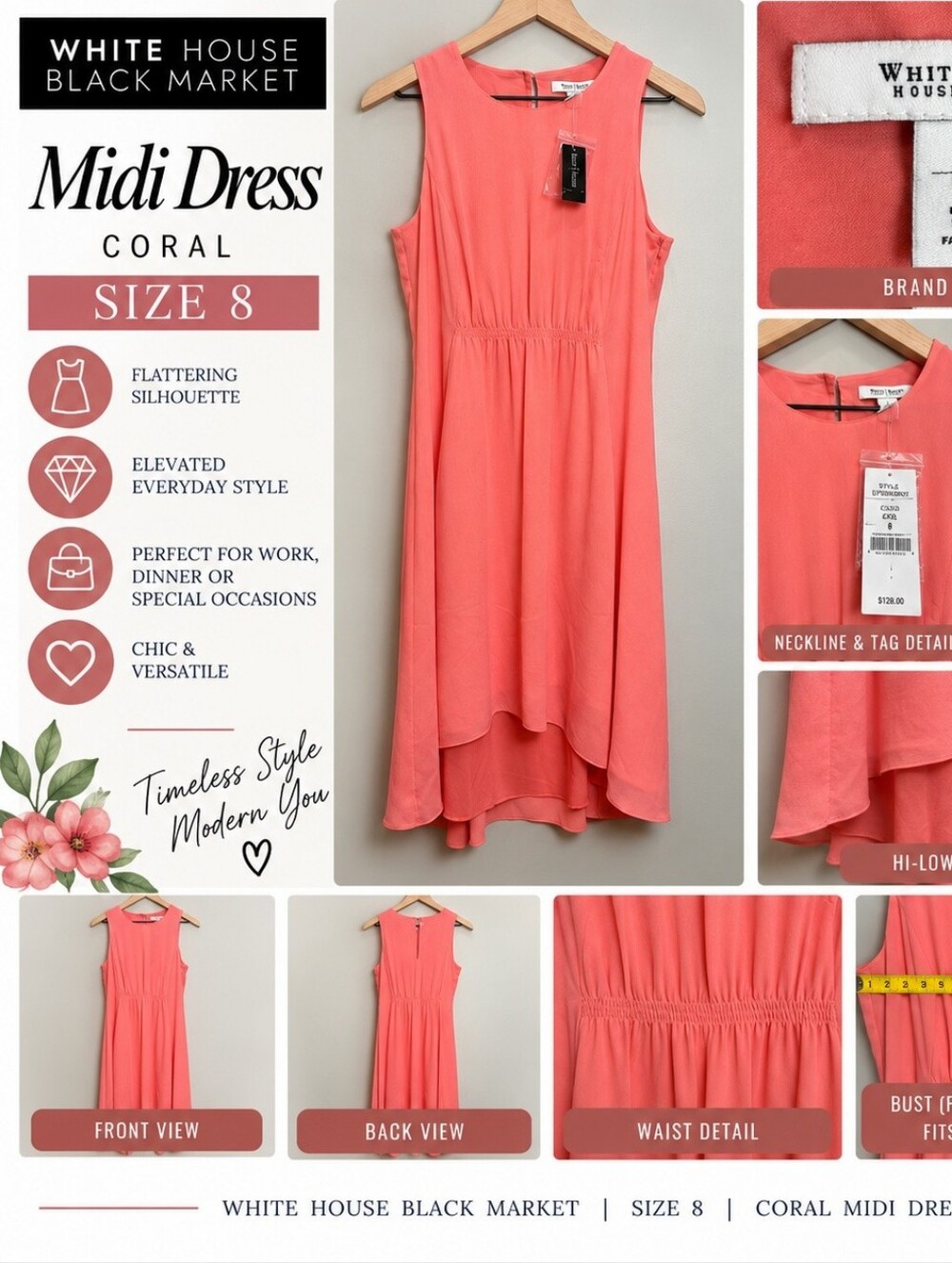 WHBM: Coral Midi Dress Size 8 Hi Low